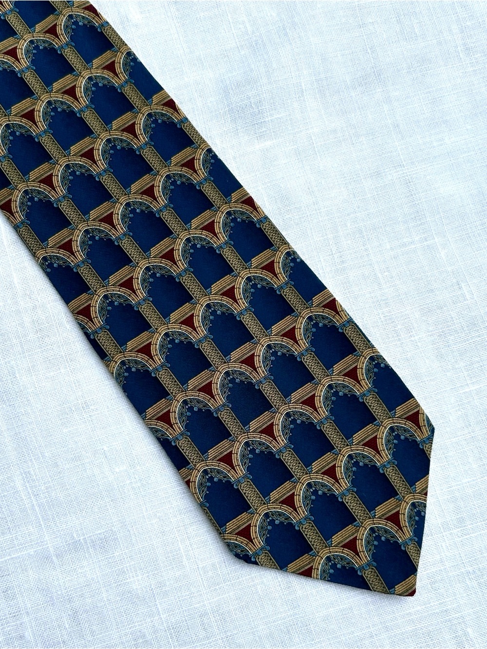 Vintage Christian Dior Silk Tie Navy and Gold Arch & Column Graphic